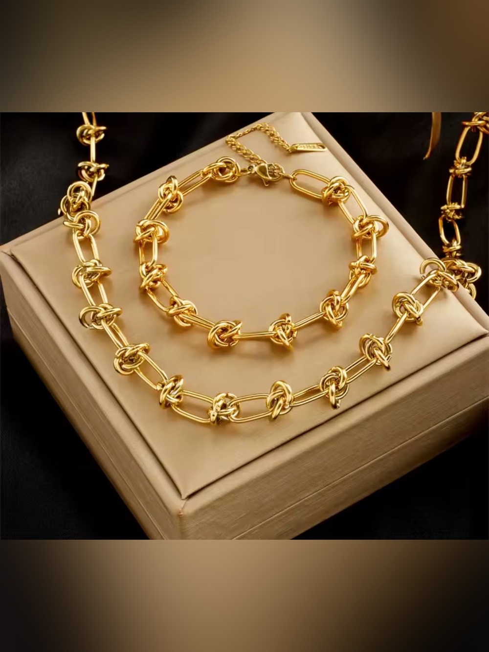 Gold Tone Twist Knot Link Necklace Bracelet Set Statement Fashion Jewelry